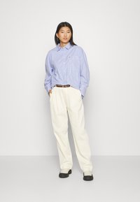 Camicia a righe blu e bianche, con bottoni, maniche lunghe, indossata con un pantalone plissettato color crema e scarpe nere senza lacci. Cintura marrone.