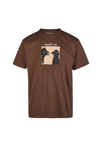 Brown cotton t-shirt featuring a graphic of two black birds in a square with the text "DEBATE CLUB" above. Short sleeves and crew neckline.