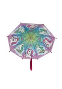 Children's umbrella featuring a pink and green unicorn design on a gradient background with stars; pink handle and tips.