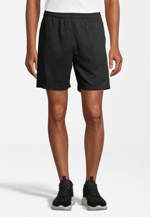 Shorts sportivi neri realizzati in tessuto morbido; presentano una vita elastica e tasche laterali, texture liscia con una vestibilità comoda.