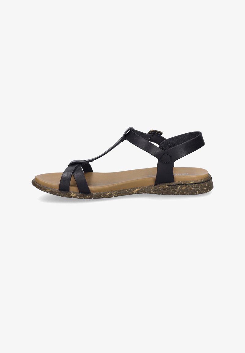 Zwarte lederen sandaal met gekruiste bandjes en een enkelgesp, voorzien van een lichtbruine voetbed en een bruin profielzool met textuur.