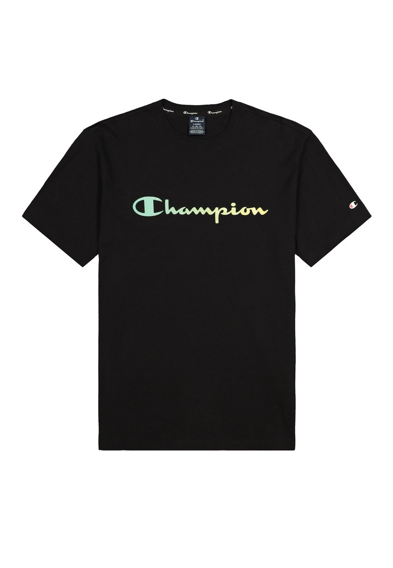 Svart bomull T-shirt med en stor, gradient "Champion"-logotyp i pastellfärger över framsidan. Kortärmad och rundad hals.