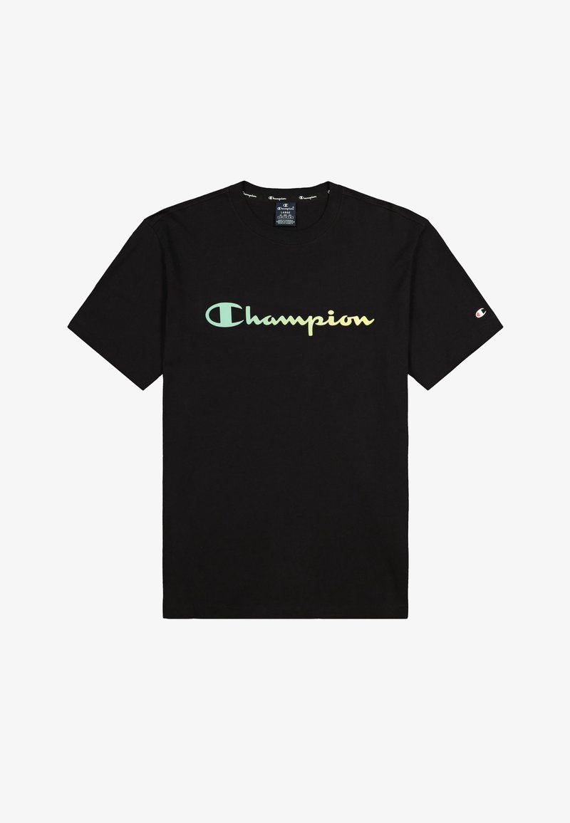Schwarzes Baumwoll-T-Shirt mit einem großen, verlaufenden "Champion"-Logo in Pastellfarben auf der Vorderseite. Kurzärmlig und mit Rundhalsausschnitt.