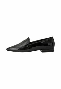 Pointed-toe black patent leather loafers with a front strap, low block heel, and smooth, glossy texture.