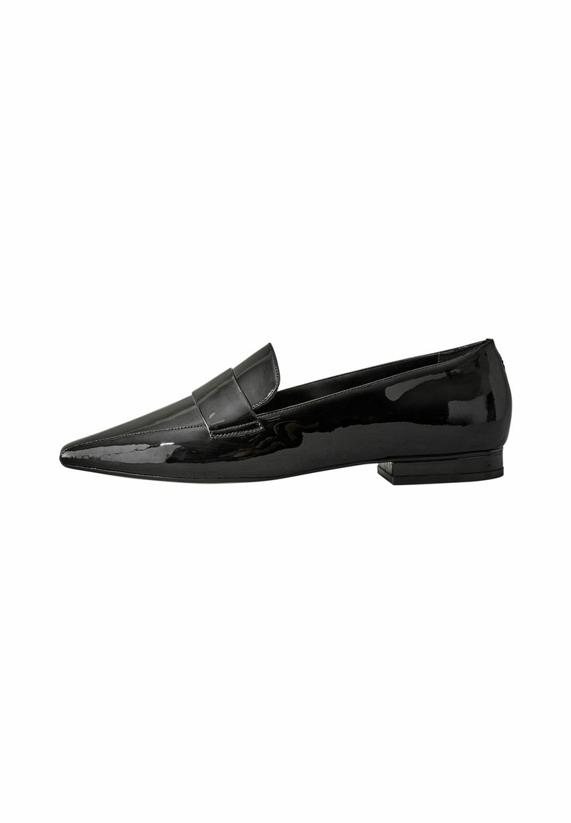 Pointed-toe black patent leather loafers with a front strap, low block heel, and smooth, glossy texture.