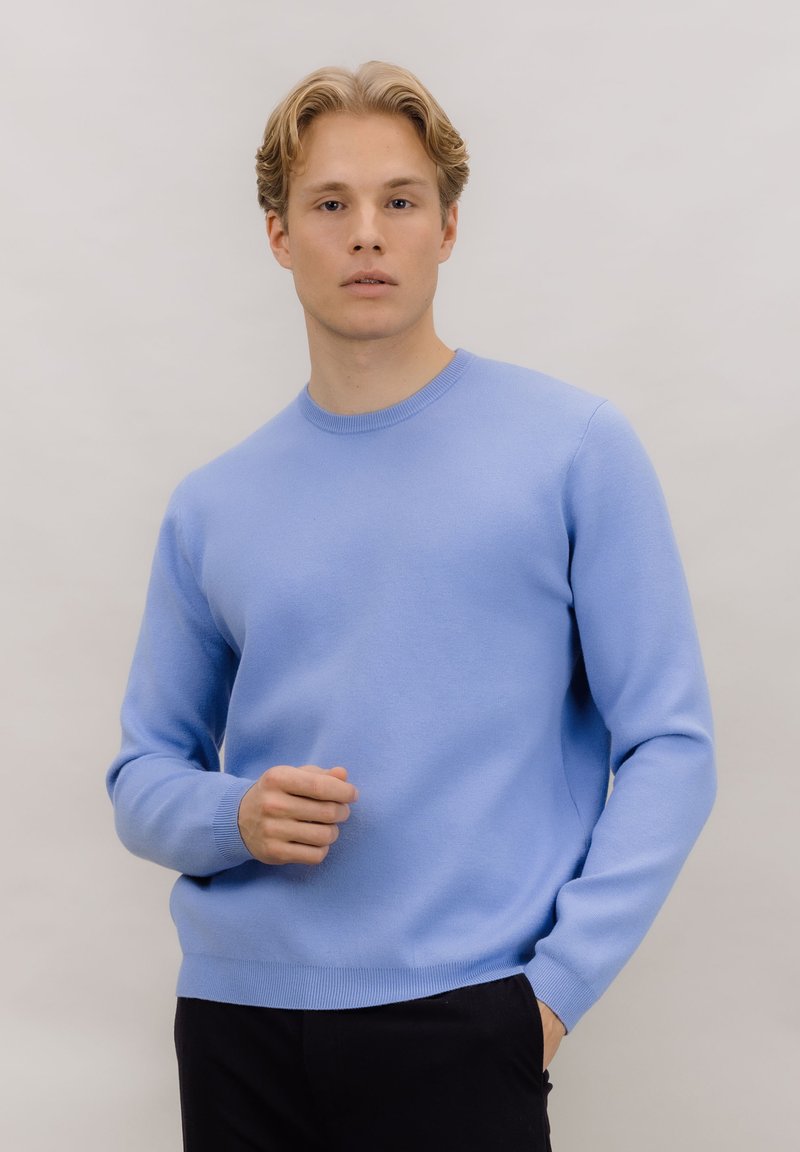 Lys blå strikket genser med rund hals og lange ermer. Har ribbestrikkede mansjetter og kant. Enkel, glatt tekstur. Modellen har på seg svarte bukser.