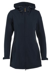 Dunkelblaue Kapuzenjacke aus weichem Material mit Reißverschluss, Seitentaschen und verstellbaren Kordeln an der Kapuze.