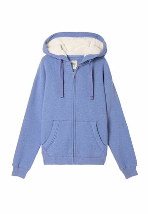 Blauer Zip-Up Hoodie mit einer cremefarbenen Fleece-gefütterten Kapuze, zwei vorderen Taschen, gerippten Bündchen und Kordelzügen. Weicher Stoff mit einem lässigen Design.