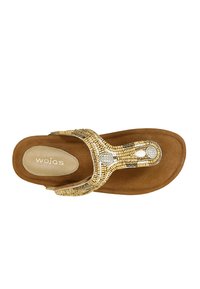 Sandali con perline dorate e suola in suede marrone, con decorazioni e cinturino a infradito. Nome del marchio "wojas" impresso sulla soletta.