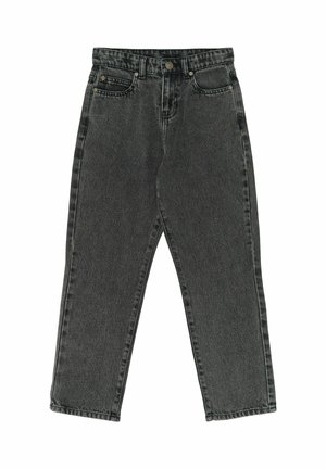 Jean noir délavé taille haute avec fermeture à boutons, passants de ceinture, deux poches avant et coupe droite, posé à plat sur fond blanc.