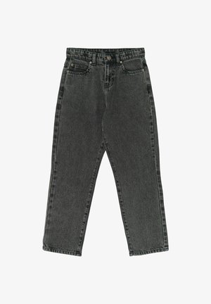 Jean noir délavé taille haute avec fermeture à boutons, passants de ceinture, deux poches avant et coupe droite, posé à plat sur fond blanc.