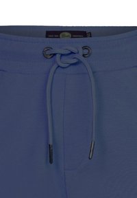 Pantalones deportivos azules con una cintura elástica y cordón ajustable. El material es suave con una textura lisa y costuras mínimas.