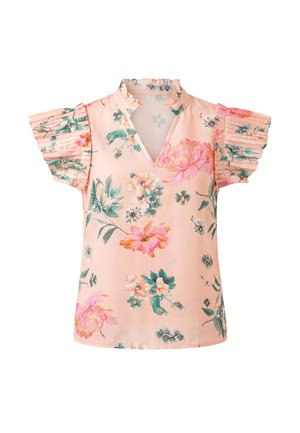 Lichtroze gebloemde blouse met geplooide korte mouwen en een kleine gerimpelde V-hals.