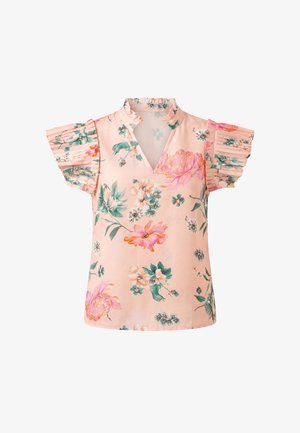 Jasnoróżowa kwiatowa bluzka z plisowanymi krótkimi rękawami oraz małym falbaniastym kołnierzem w kształcie litery V.