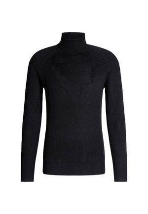 Pull à col roulé noir côtelé avec des manches longues, un design ajusté et un motif en tricot texturé. Pas de logos ou d'accents visibles.