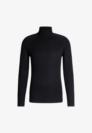 Schwarzer, gerippter Rollkragenpullover mit langen Ärmeln, taillierter Passform und strukturiertem Strickmuster. Keine sichtbaren Logos oder Akzente.