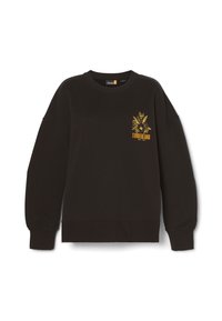 Schwarzer Sweatshirt aus Baumwollmischung mit einem goldenen Grafikdesign, das florale Elemente und Text auf der linken Brustseite zeigt. Rippbündchen und Saum.