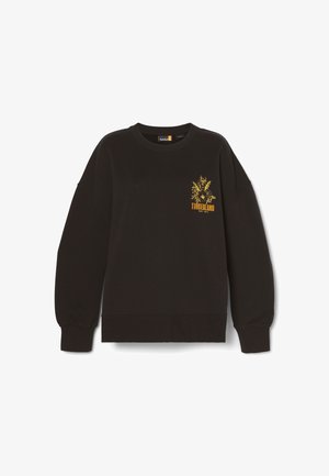 Czarny sweatshirt wykonany z mieszanki bawełny, z złotą grafiką z elementami florystycznymi i tekstem na lewej piersi. Ribowane mankiety i dół.