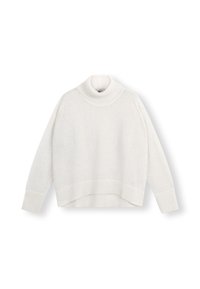 Maglione bianco a collo alto realizzato in tessuto morbido, caratterizzato da una vestibilità comoda, polsini e orlo a coste, con un design leggermente accorciato e dettagli minimi.