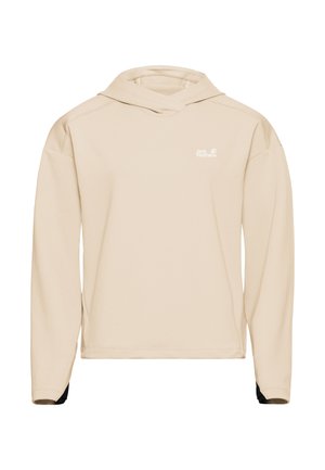 Sweat à capuche beige Jack Wolfskin à manches longues avec un petit logo blanc sur la poitrine gauche, présenté sur un fond blanc.