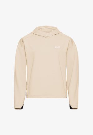 Sweat à capuche beige Jack Wolfskin à manches longues avec un petit logo blanc sur la poitrine gauche, présenté sur un fond blanc.