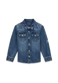 Kurtka dżinsowa w średnim odcieniu niebieskiego, z zapięciem na guziki z przodu, kołnierzem w kształcie litery V, długimi rękawami, dwoma kieszeniami na piersi oraz logo marki na kieszeni.