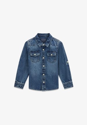 Giacca di jeans blu medio, con chiusura frontale a bottoni, collo a punta, maniche lunghe, due tasche sul petto e logo del marchio sulla tasca.