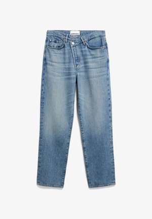 Lichtblauwe denim jeans met een recht gesneden ontwerp, met vervaagde delen, vijf zakken, een knoopsluiting en een merklabel op de tailleband.