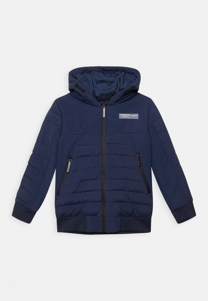 Navy blue padded jacket with a hood, featuring a front zipper, black accents, two zippered side pockets, and a logo patch on the chest.