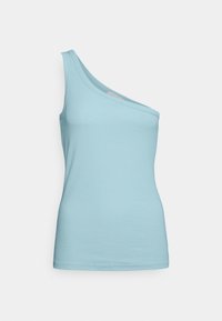 Top sem mangas azul claro, com um ombro, feito de algodão macio. Apresenta um design ajustado com uma textura suave e bordas limpas. Sem padrões visíveis.