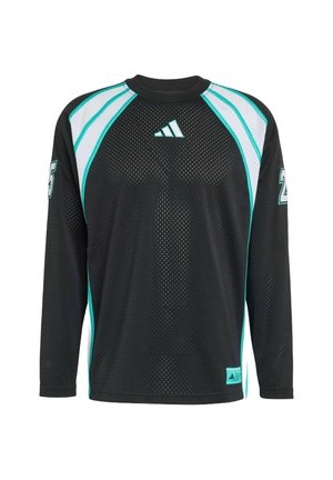 Zwart lange-mouwen sporttrui met turquoise accenten, mesh stof, ronde hals en het nummer "25" op de linkermouw.