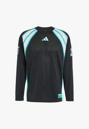 Zwart lange-mouwen sporttrui met turquoise accenten, mesh stof, ronde hals en het nummer "25" op de linkermouw.