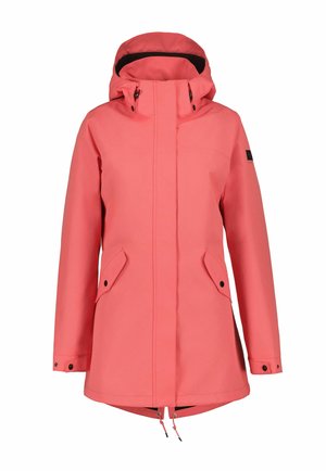 Rosa wasserdichte Kapuzenjacke mit Umschlagtaschen vorne, Reißverschluss- und Druckknopfverschlüssen sowie verstellbaren Kordeln an Handgelenk und Saum, auf weißem Hintergrund dargestellt.