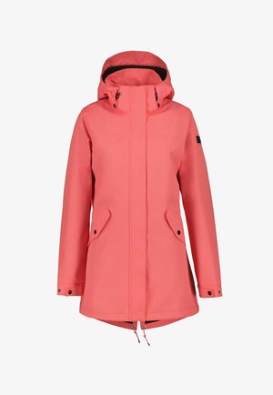 Pink waterproof hooded jacket with front flap pockets, zip and snap closures, and adjustable wrist and hem cords, displayed on white background.