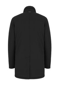 Czarny, długi, pikowany płaszcz z wysokim kołnierzem. Posiada gładki tył, boczny zamek i elegancki, minimalistyczny design. Matowe wykończenie, bez wzorów.