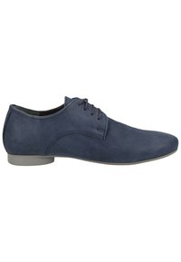 Chaussure habillée à lacets pour homme de couleur bleu marine avec empeigne en daim lisse et talon bas gris, vue de profil côté gauche.