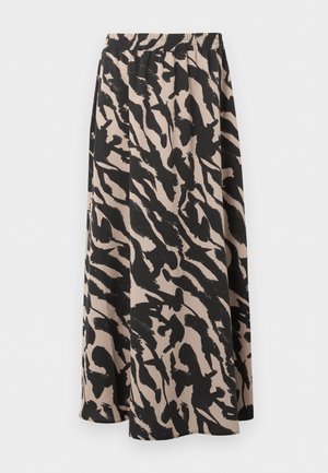 Bézs midi szoknya laza szabással és absztrakt fekete ecsetvonás mintázattal, elasztikus derékpánttal a kényelemért.