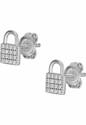 Boucles d'oreilles clous en argent en forme de cadenas, chacune ornée de petits cristaux scintillants sur la surface avant.