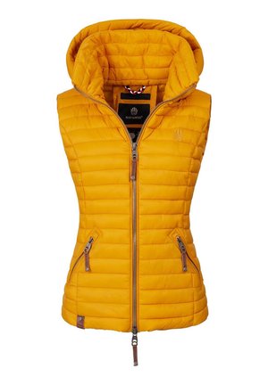Yellow puffy vest with a detachable hood, zip closure, and two side pockets. Features quilted texture and a branded label inside.