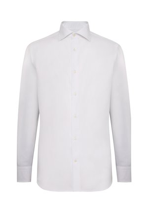 White long-sleeve dress shirt made of smooth fabric. Features a classic collar, full button front, and buttoned cuffs. No patterns or accents.