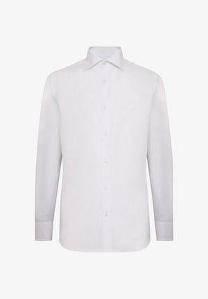 Bíla dlouhá košile s dlouhým rukávem vyrobená z hladké tkaniny. Má klasický límec, plný knoflíkový zapínání a knoflíkové manžety. Bez vzorů nebo akcentů.