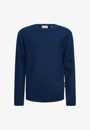Marineblauer Strickpullover mit Rundhalsausschnitt, gerippten Bündchen und Saum sowie dezentem Logodetail auf der Brust; glatte Textur und klassischer Schnitt.