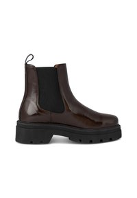 Brown patent leather Chelsea boots with a black elastic side panel and a chunky black rubber sole. Features a pull tab at the back.