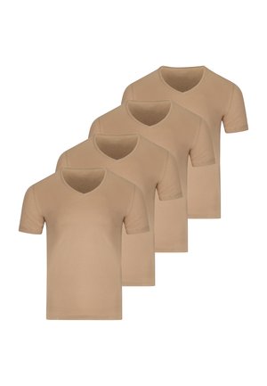 Zestaw czterech jednolitych beżowych t-shirtów z krótkim rękawem i dekoltem w serek, ułożonych w przesunięty, nakładający się układ na białym tle.