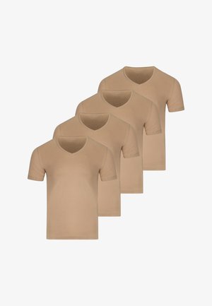 Set van vier effen beige T-shirts met korte mouwen en V-hals, gerangschikt in een schuine overlappende opstelling op een witte achtergrond.