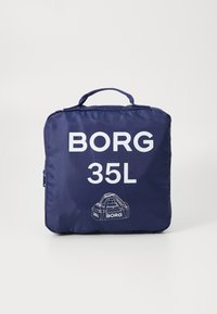 Mornarska najlonska torba s bijelim natpisom "BORG 35L". Kvadratnog oblika, s ručkom na vrhu, zatvaranjem na patentni zatvarač i grafičkom ilustracijom dizajna torbe.