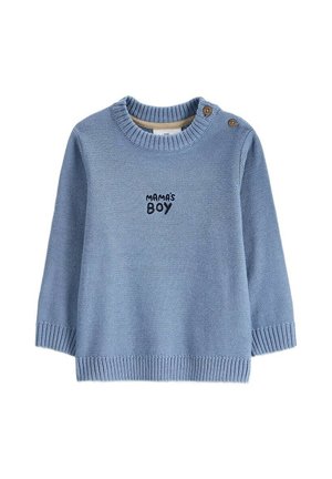 Jasnoniebieski dzianinowy sweterek dla niemowląt z prążkowanymi mankietami i kołnierzykiem, dwoma guzikami na ramieniu oraz "Mama's Boy" wyszywanym na piersi.