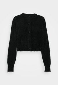 Cardigan cropped noir en matériau pelucheux. Présente un col rond, des manches longues et six boutons noirs sur le devant.