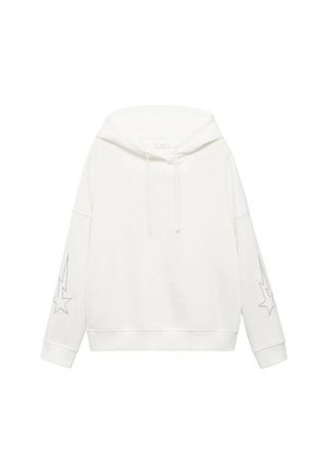 Vit hoodie med långa ärmar, dragsko på huvan, ribbade muddar och nederkant, samt stjärnor med blixtgrafik på varje ärm.