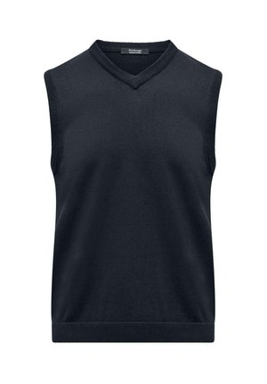 Granatowy bezrękawnik sweter z gładkiego dzianiny z dekoltem w serek i prążkowanymi krawędziami, charakteryzujący się klasycznym krojem i minimalistycznym wzornictwem.
